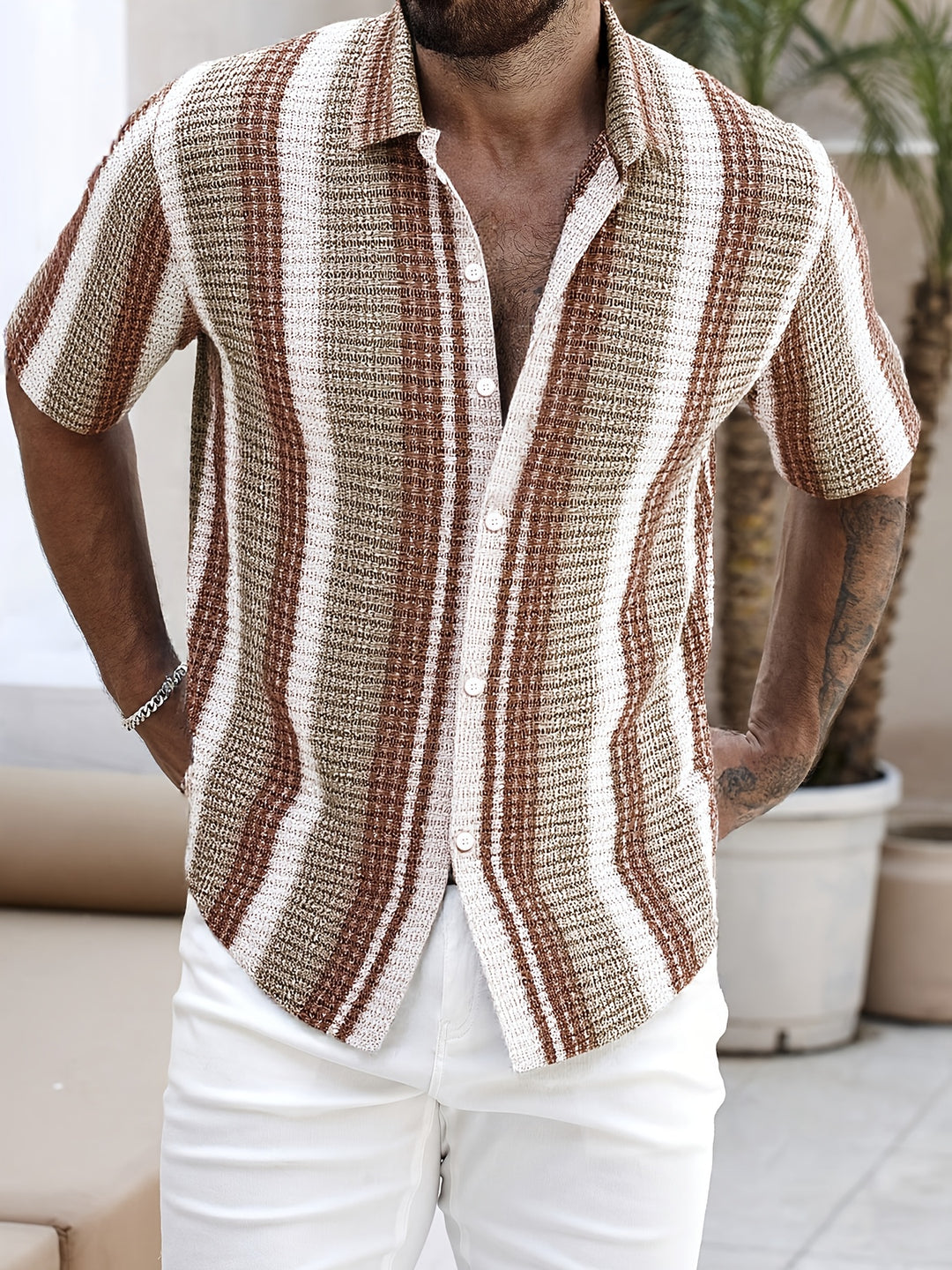 Nico | Men's Striped Shirt Short Sleeve Textured Weave