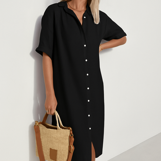Noirelle | Linen Shirt Dress Midi Short Sleeve Relaxed Fit