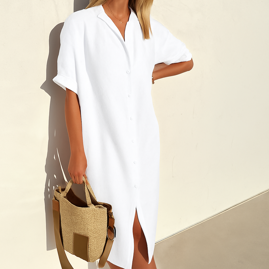 Noirelle | Linen Shirt Dress Midi Short Sleeve Relaxed Fit