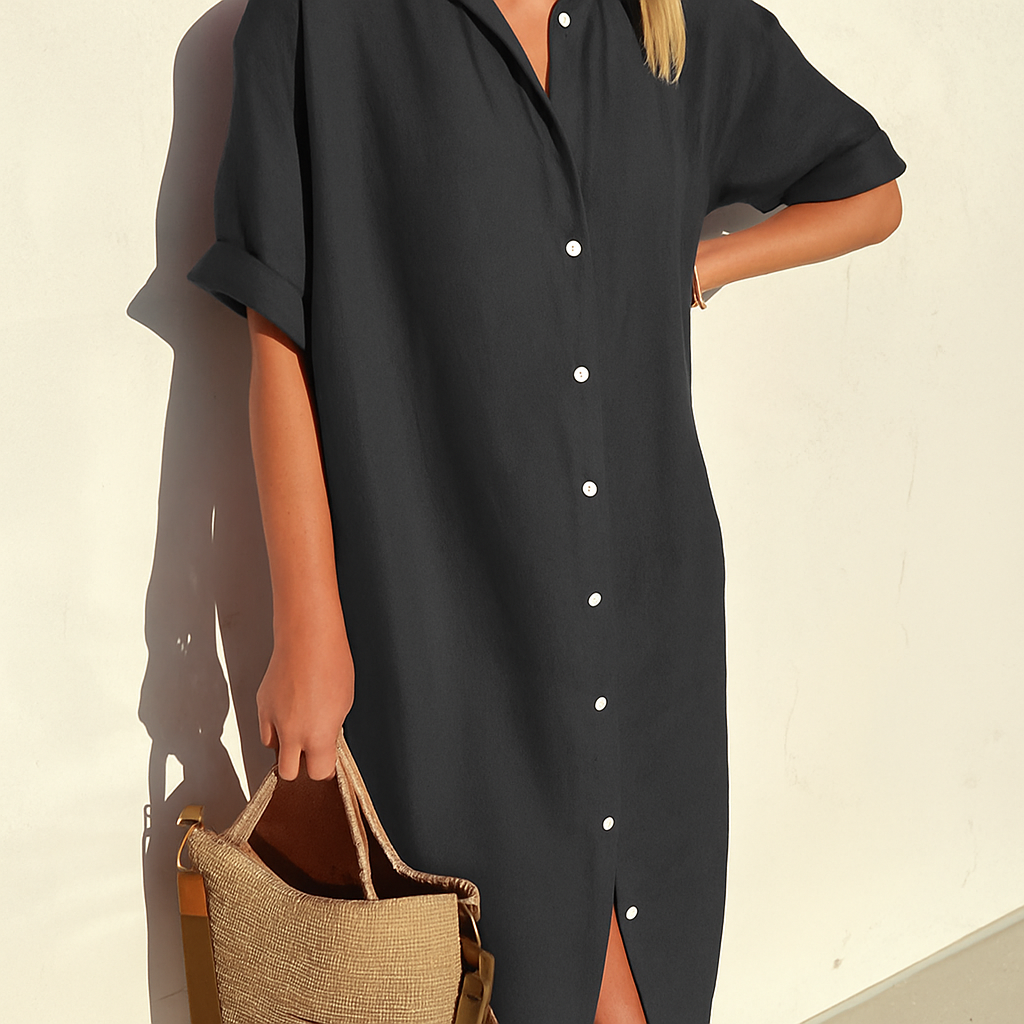 Noirelle | Linen Shirt Dress Midi Short Sleeve Relaxed Fit