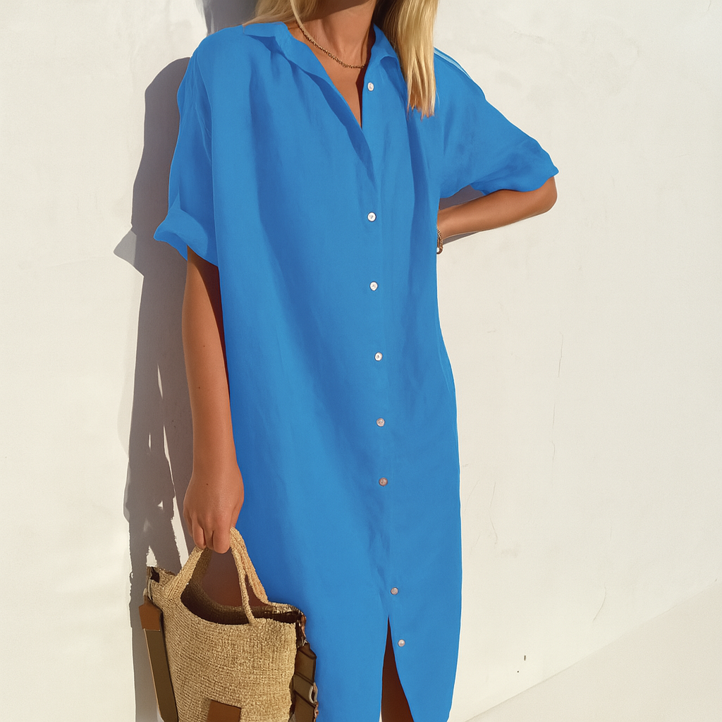 Noirelle | Linen Shirt Dress Midi Short Sleeve Relaxed Fit