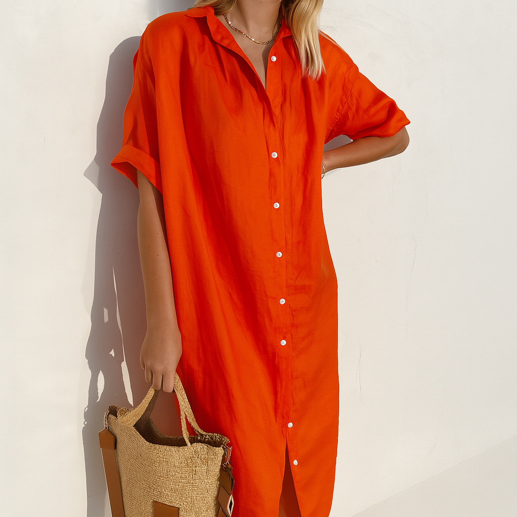 Noirelle | Linen Shirt Dress Midi Short Sleeve Relaxed Fit