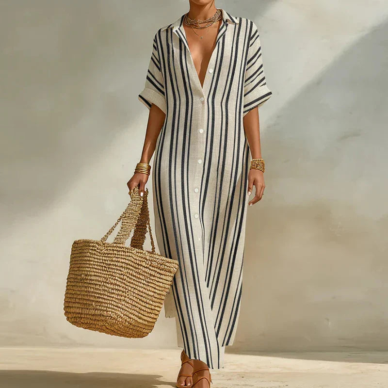 Olivia | Linen Shirt Dress Striped Short Sleeve Button Down