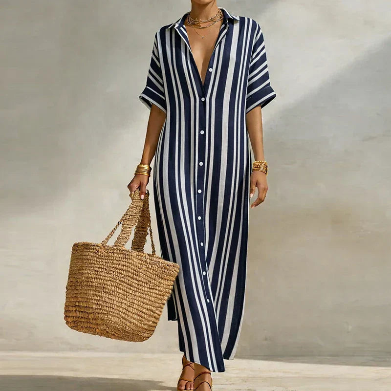 Olivia | Linen Shirt Dress Striped Short Sleeve Button Down