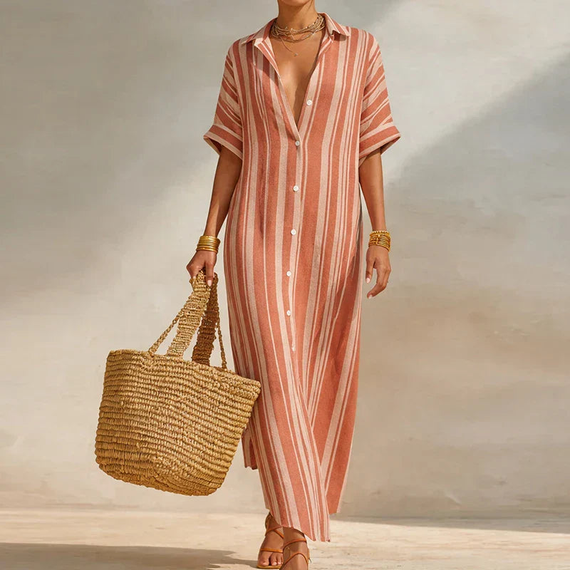 Olivia | Linen Shirt Dress Striped Short Sleeve Button Down
