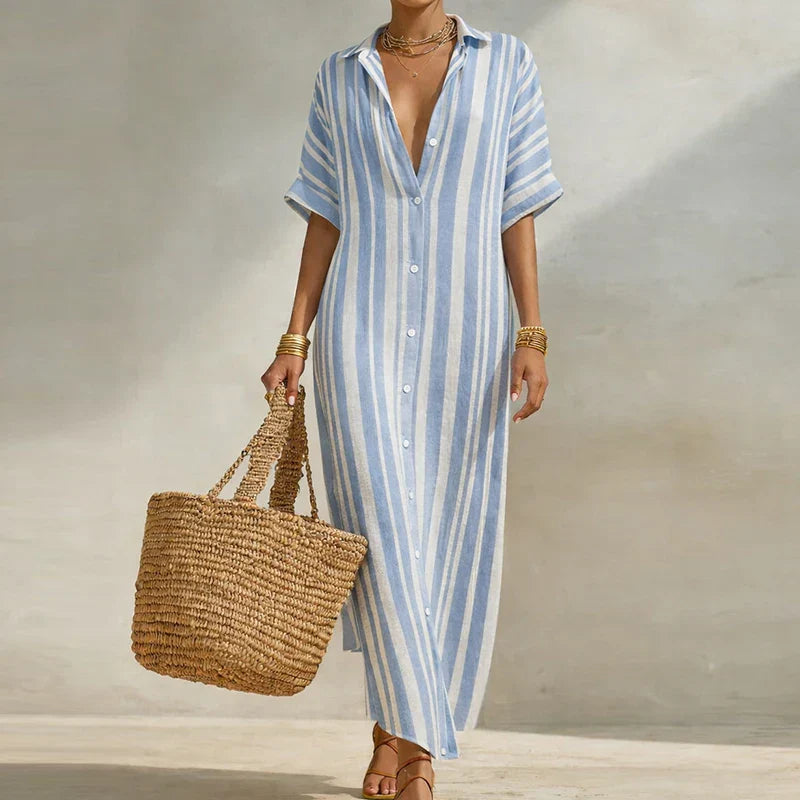 Olivia | Linen Shirt Dress Striped Short Sleeve Button Down