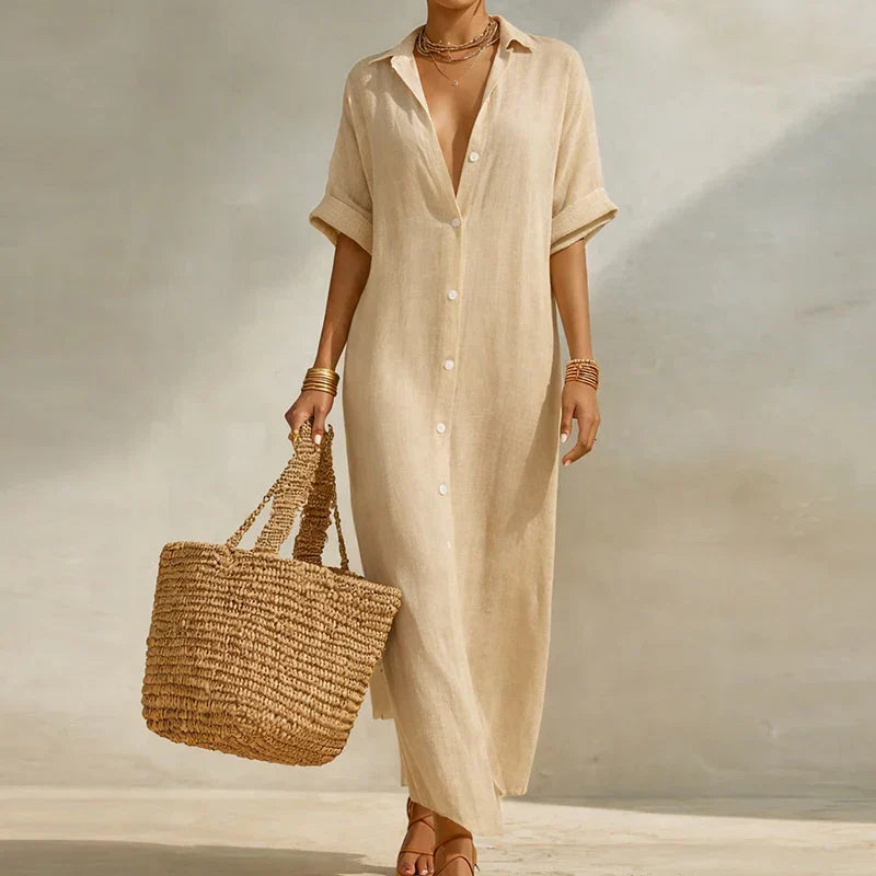 Olivia | Linen Shirt Dress Striped Short Sleeve Button Down