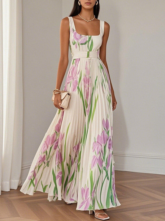 Seraphina | Floral Maxi Dress Square Neck Pleated Belted