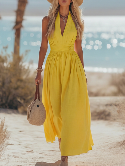 Soleia | Linen Halter Maxi Dress V-Neck Boho