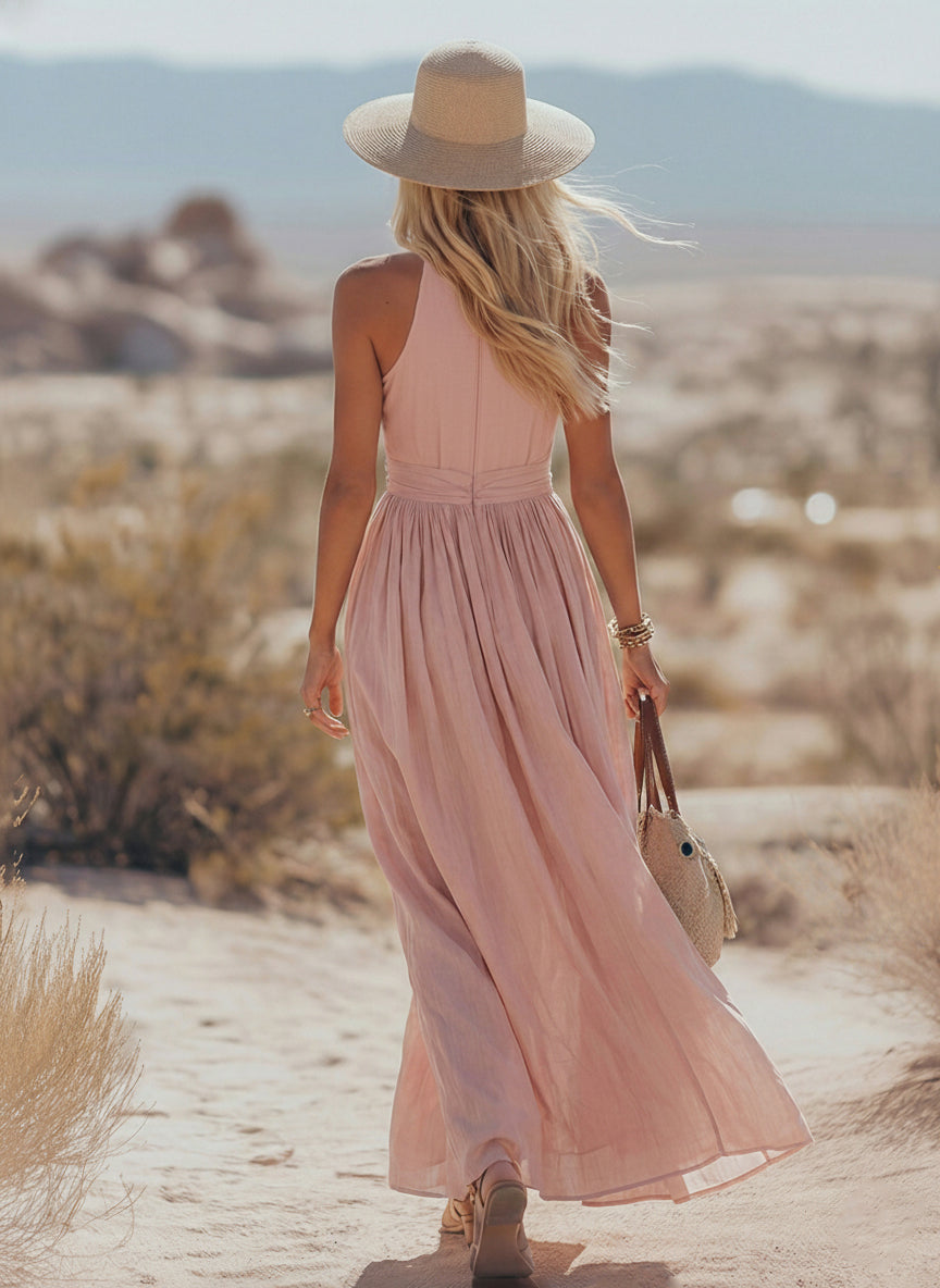 Soleia | Linen Halter Maxi Dress V-Neck Boho