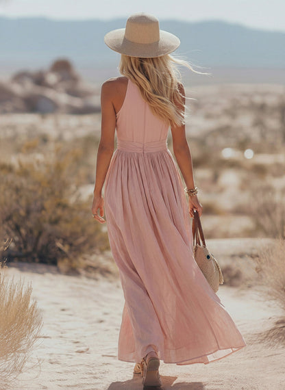 Soleia | Linen Halter Maxi Dress V-Neck Boho