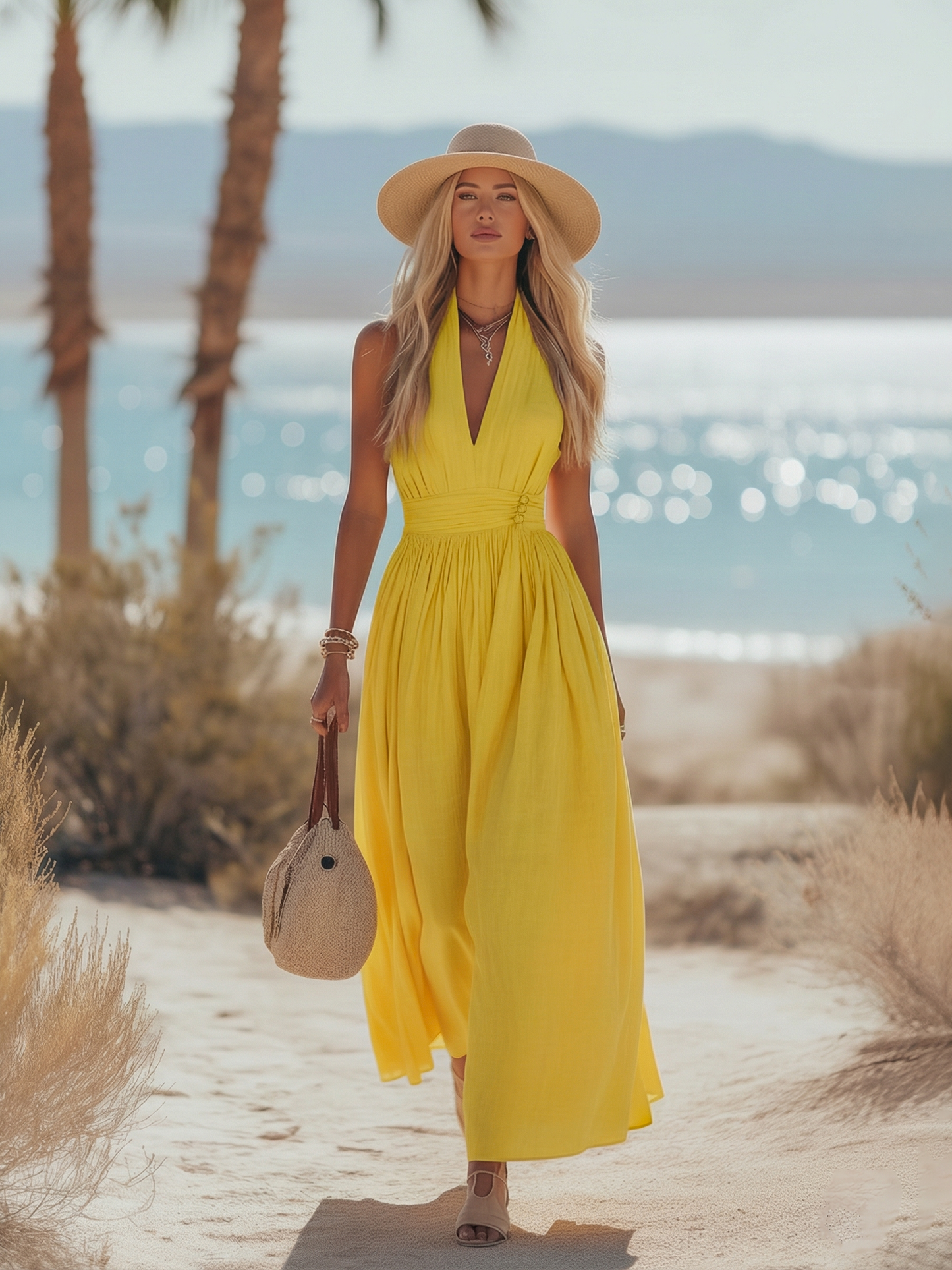 Soleia | Linen Halter Maxi Dress V-Neck Boho