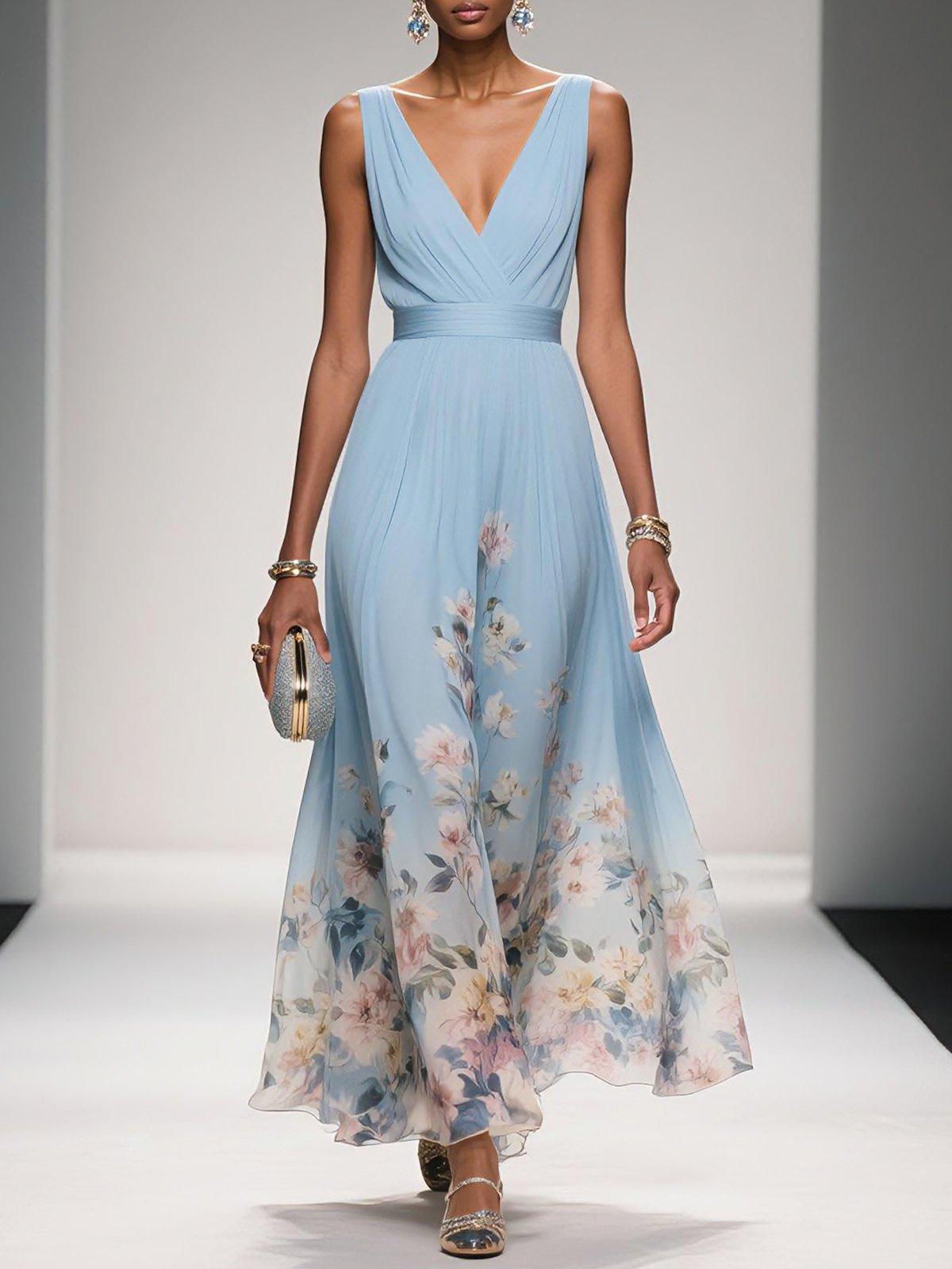 Taylor | Floral Chiffon Maxi Dress V-Neck Belted Draped