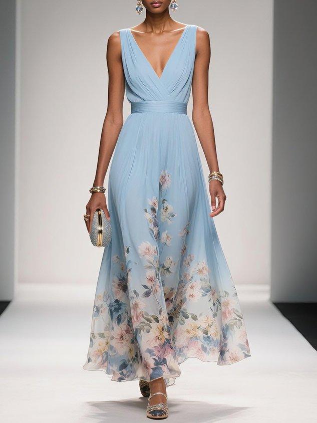 Taylor | Floral Chiffon Maxi Dress V-Neck Belted Draped