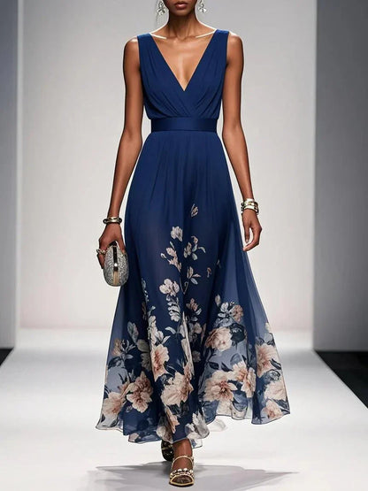 Taylor | Floral Chiffon Maxi Dress V-Neck Belted Draped