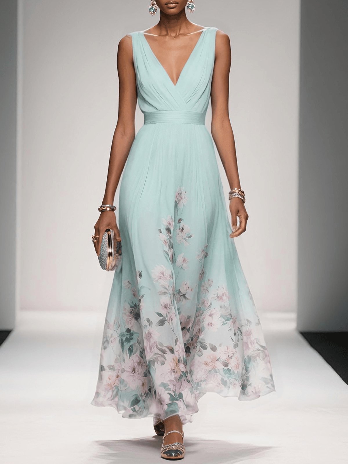 Taylor | Floral Chiffon Maxi Dress V-Neck Belted Draped