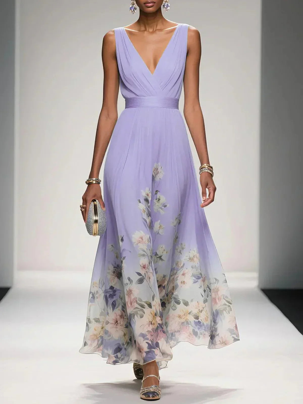 Taylor | Floral Chiffon Maxi Dress V-Neck Belted Draped