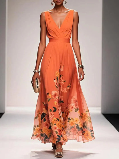 Taylor | Floral Chiffon Maxi Dress V-Neck Belted Draped